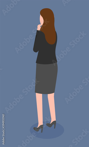 Vector illustration of business woman in official clothes. Question pose or presentation pose with folded hand. Flat young woman back view. Female in formal dark skirt and black jacket corporate dress