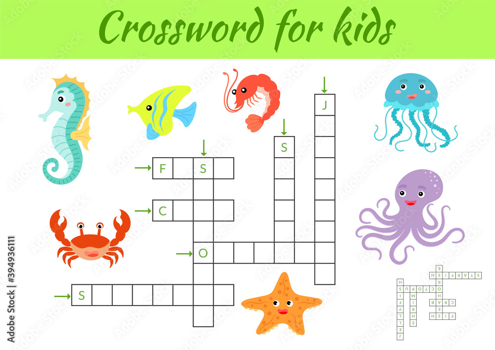 Crosswords game of animals for children with pictures. Kids activity worksheet colorful printable version. Educational game for study English words. Includes answers. Flat vector stock illustration.