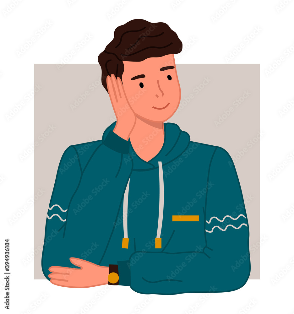 Cute man or young dreamy guy wearing warm sweater vector illustration. Male character holds his hand near his head, looks carefully to the side, thinks about something . Happy curious looking male Cute man or young dreamy guy wearing warm sweater vector illustration. Male character holds his hand near his head, looks carefully to the side, thinks about something . Happy curious looking male
