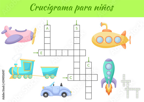 Crucigrama para niños - Crossword for kids. Crossword game with pictures. Kids activity worksheet colorful printable version. Educational game for study Spanish words. Vector stock illustration.