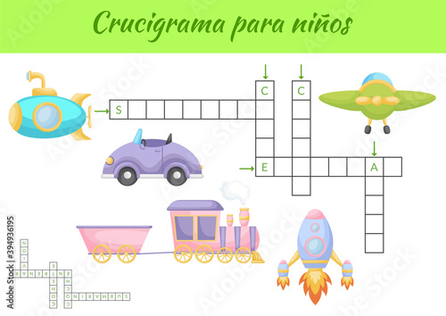 Crucigrama para niños - Crossword for kids. Crossword game with pictures. Kids activity worksheet colorful printable version. Educational game for study Spanish words. Vector stock illustration.