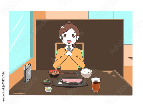 外食する女性　手を合わせる　昼