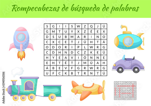Rompecabezas de búsqueda de palabras - Word search puzzle. Educational game for study Spanish words. Kids activity worksheet colorful printable version with answers. Vector stock illustration