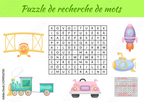 Puzzle de recherche de mots - Word search puzzle with pictures. Educational game for study French words. Kids activity worksheet colorful printable version. Includes answers. Vector stock illustration