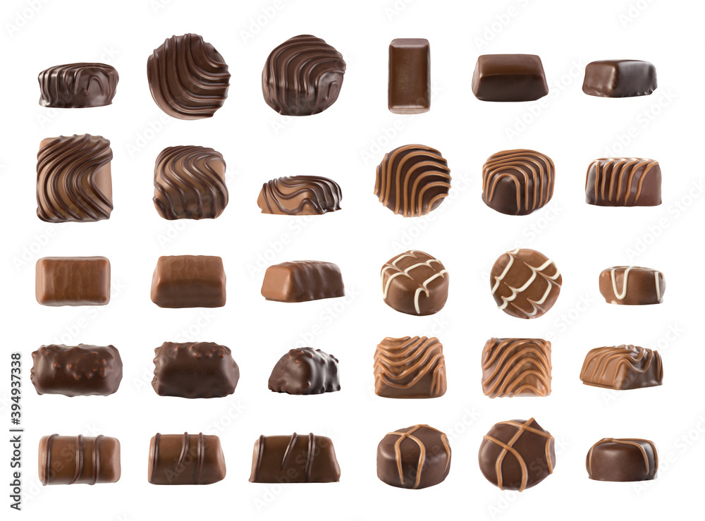 Set of Chocolates Isolated, Chocolate Candies Top View Set of Chocolates Isolated, Chocolate Candies Top View