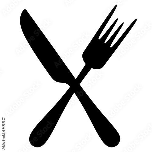 Cutlery. Silhouette. Knife and fork. Vector set of illustrations. Outline on an isolated white background. Flat style. Collection of tools for eating. The dining equipment is crossed among themselves.