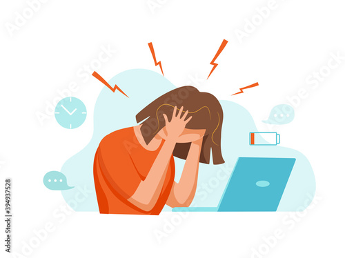 Woman with headache, migraine, holding her head cartoon vector illustration