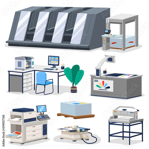 Printing house facility offset production line industrial equipment isolated composition vector illustration. Computerized large format digital press machines, modern typography or print office