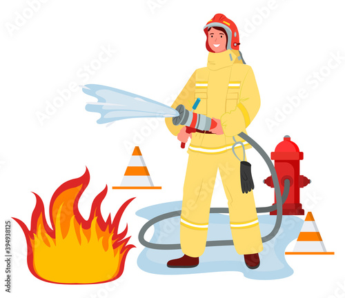 Illustration of a girl wearing fireman safety costume with helmet and holding fire hose extinguishes water with fire. Firefighter modern woman in the male profession vector flat design brave firewoman
