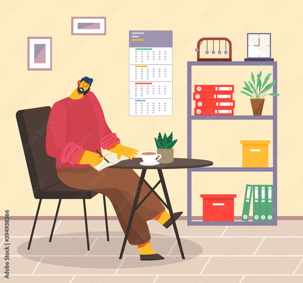 Fototapeta premium Businessman working at office table flat design. Vector illustration of cartoon big boss workspace. Busy man talking on phone holding smartphone with shoulder and writes information to a notebook