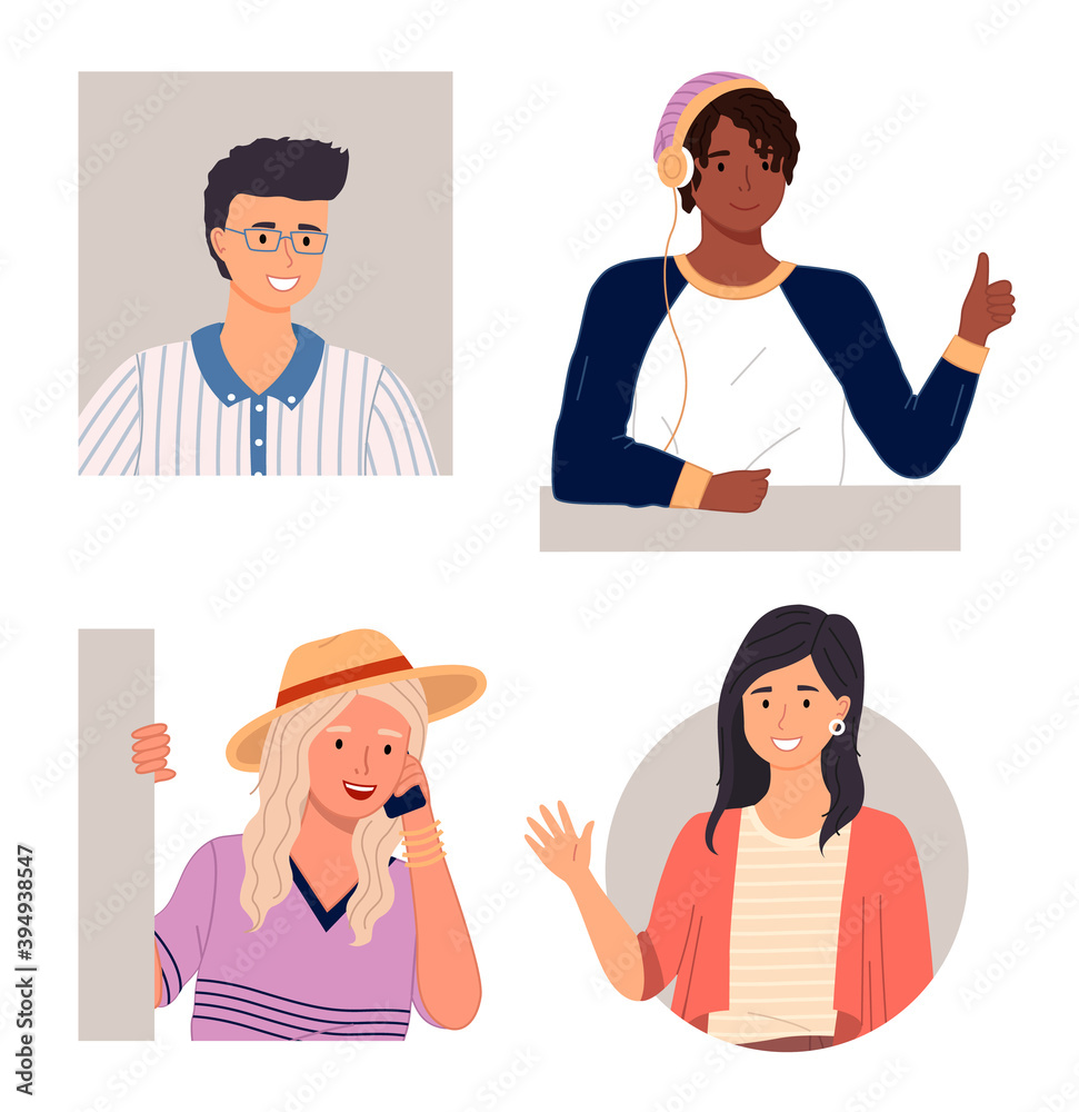 Obraz premium Set of happy curious looking young people peeping from behind the wall or peek out the window. Cute girl in hat and waving hand, smiling african man, young guy in headphones with a fashionable haircut