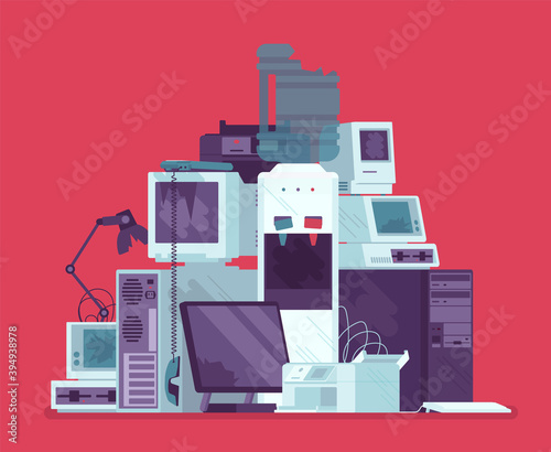 Electronic appliances waste trash pile, broken office equipment. Unwanted technology devices, not working digital rubbish, dangerous toxic metal, used materials. Vector creative stylized illustration