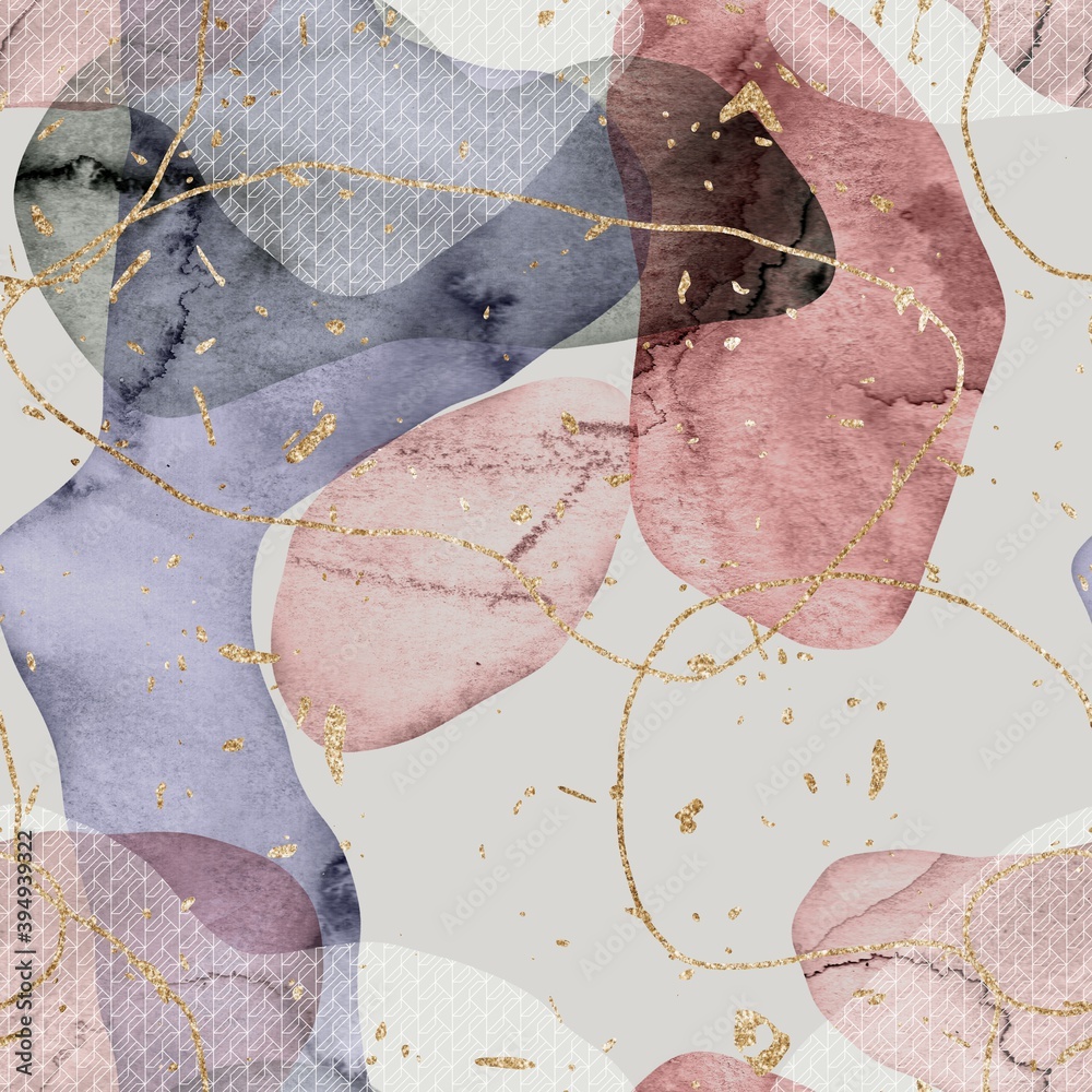 Seamless minimalist abstract watercolor paint and gold blobs shapes ...