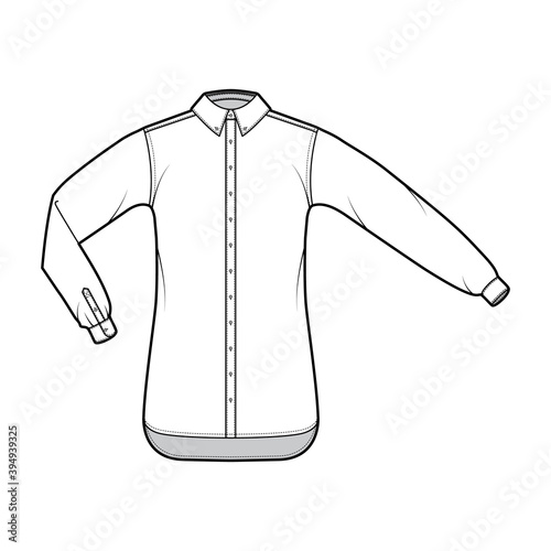 Shirt button-down technical fashion illustration with elbow fold, straight long sleeves with cuff, oversized, regular collar. Flat template front white color. Women men unisex top CAD mockup