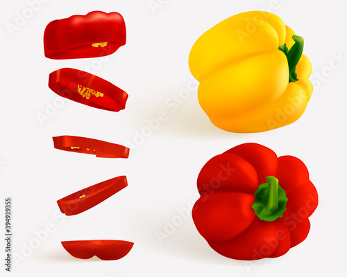 Hungarian pepper, realistic sweet papper. Capsicum habanero colorful paprika isolated on light background.