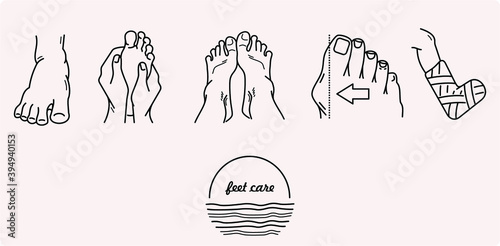 Hallux valgus therapy,  foot massage, and prevention. Feet problems: deformity, bone fracture, edema, and skin irritation. Orthopedic vector icons collection in outlines 