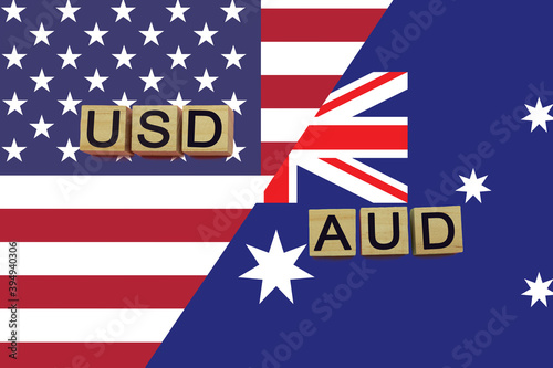 American and Australian currencies codes on national flags background