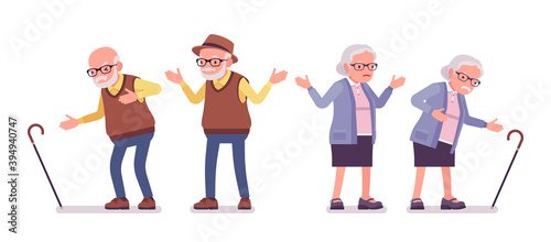Old people, elderly man, woman with cane having heart pain. Senior citizens, retired grandparents, aged pensioners with disabilities. Vector flat style cartoon illustration isolated, white background