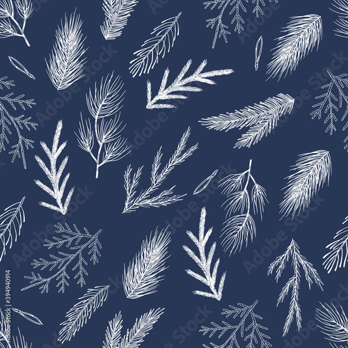 Fototapeta Naklejka Na Ścianę i Meble -  Xmas Seamless pattern with Christmas Tree Decorations, Pine Branches hand drawn art design vector illustration.