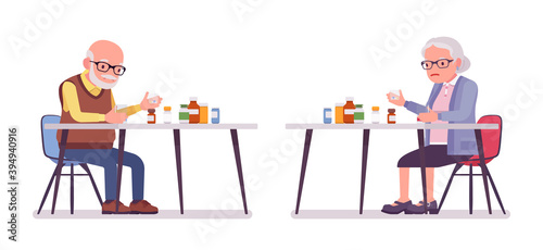 Old people, elderly man, woman sorting medicines, pill bottles. Senior citizens, retired grandparents, pensioners with disabilities. Vector flat style cartoon illustration isolated on white background