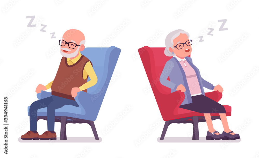 Old People Elderly Man Woman Sleeping In Armchair Senior Citizens