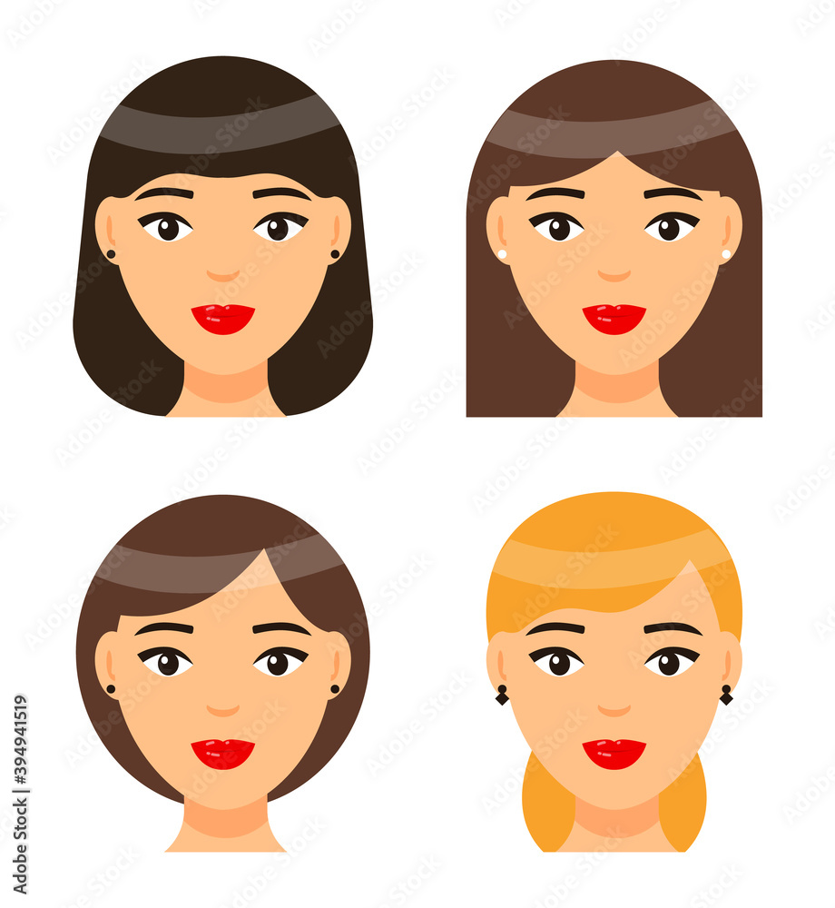 Set of women types of haircuts or hairstyles. Brunette girl with short hair  and forelock. Brown-haired female with long hair. Cute brown-haired bob  haircut. Pretty blonde woman with elegance ponytail Stock Vector |