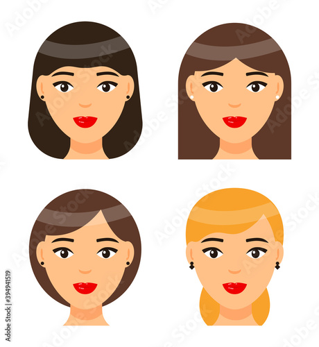 Set of women types of haircuts or hairstyles. Brunette girl with short hair and forelock. Brown-haired female with long hair. Cute brown-haired bob haircut. Pretty blonde woman with elegance ponytail