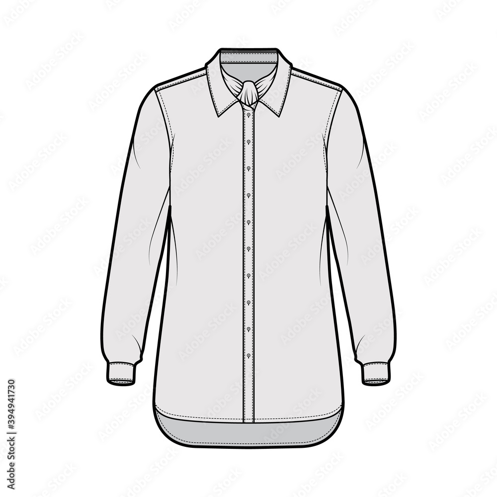 Shirt ascot stripe technical fashion illustration with bow, long sleeves with cuff, oversized, button-down, regular collar. Flat template front, grey color. Women men unisex top CAD mockup Shirt ascot stripe technical fashion illustration with bow, long sleeves with cuff, oversized, button-down, regular collar. Flat template front, grey color. Women men unisex top CAD mockup