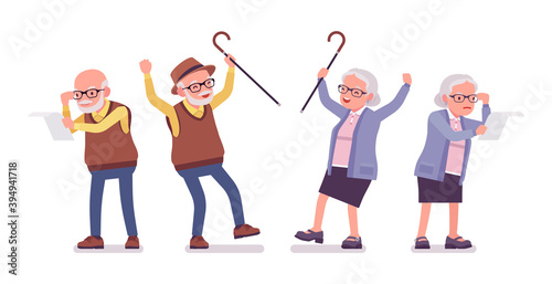 Old angry people, elderly man, woman reading paper. Senior citizens, retired grandparents, old-age pensioners with disabilities. Vector flat style cartoon illustration isolated on white background