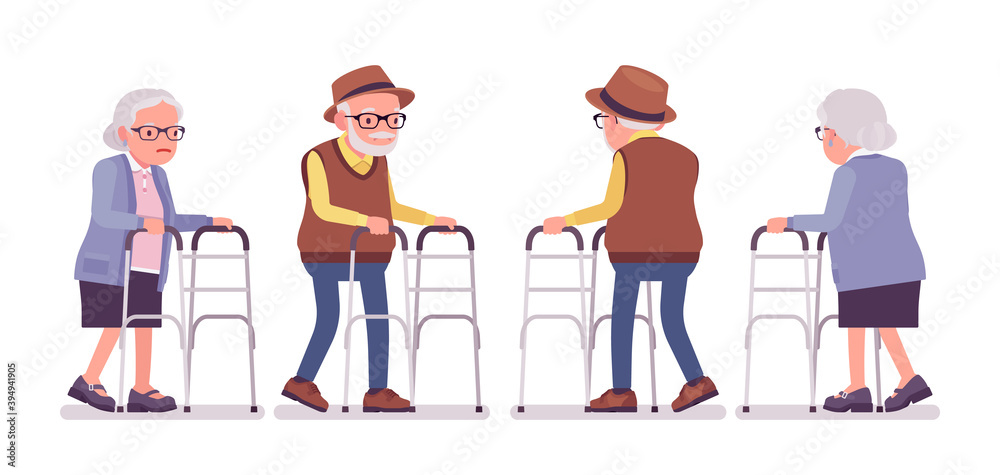 Old people, elderly man, woman with medical walker support. Senior citizens, retired grandparents, aged pensioners with disabilities. Vector flat style cartoon illustration isolated, white background