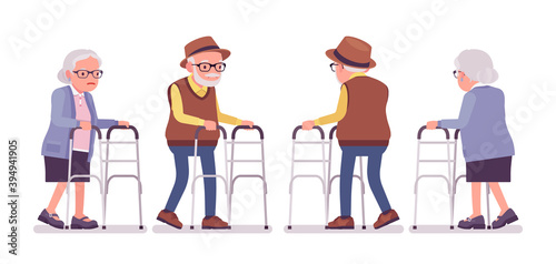 Old people, elderly man, woman with medical walker support. Senior citizens, retired grandparents, aged pensioners with disabilities. Vector flat style cartoon illustration isolated, white background