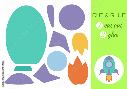 Cut and glue paper rocket. Color paper cutting application game. Educational game for preschool children. DIY activity worksheet. Kids art game and activities jigsaw. Vector stock illustration.