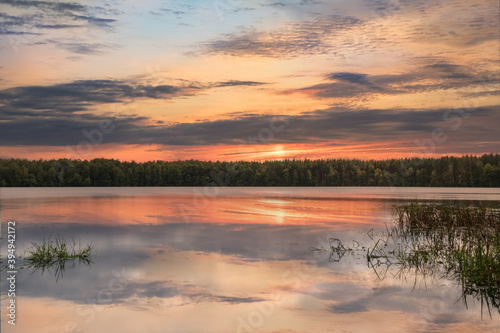 Clouds reflected in the smooth water of the lake.