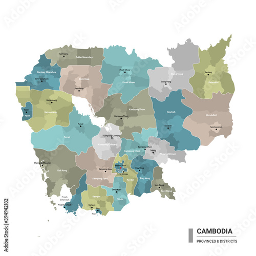 Cambodia higt detailed map with subdivisions. Administrative map of Cambodia with districts and cities name, colored by states and administrative districts. Vector illustration. photo