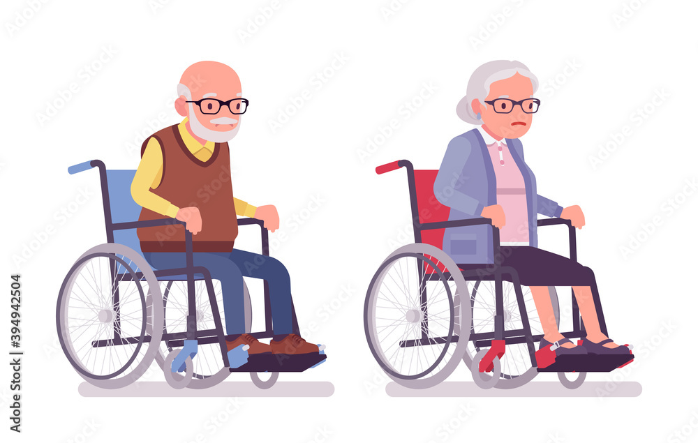 Old people, elderly man, woman sitting in a wheelchair. Senior citizens, retired grandparents, old-age pensioners with disabilities. Vector flat style cartoon illustration isolated on white background Old people, elderly man, woman sitting in a wheelchair. Senior citizens, retired grandparents, old-age pensioners with disabilities. Vector flat style cartoon illustration isolated on white background