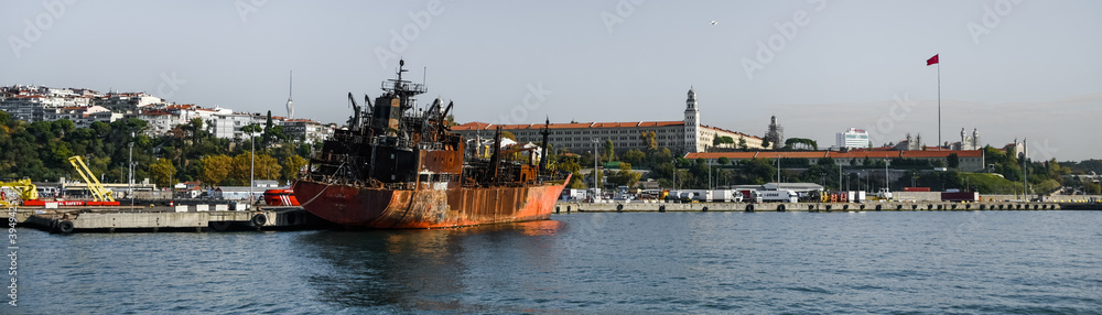 panorama of the port of Istanbul Kadikoy rusty old abandoned ship