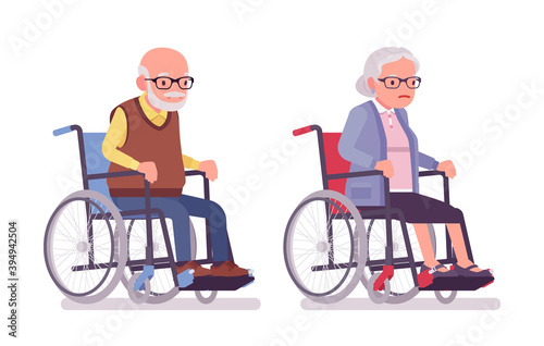 Old people, elderly man, woman sitting in a wheelchair. Senior citizens, retired grandparents, old-age pensioners with disabilities. Vector flat style cartoon illustration isolated on white background