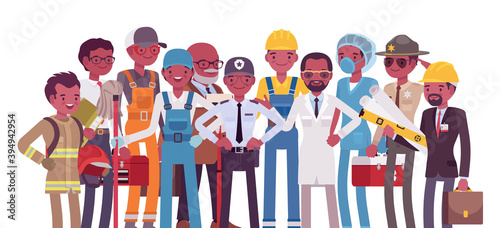 Black male professional workers of different occupations and jobs. Group of people in management, office, banking, medicine, science career. Vector flat style cartoon illustration, white background