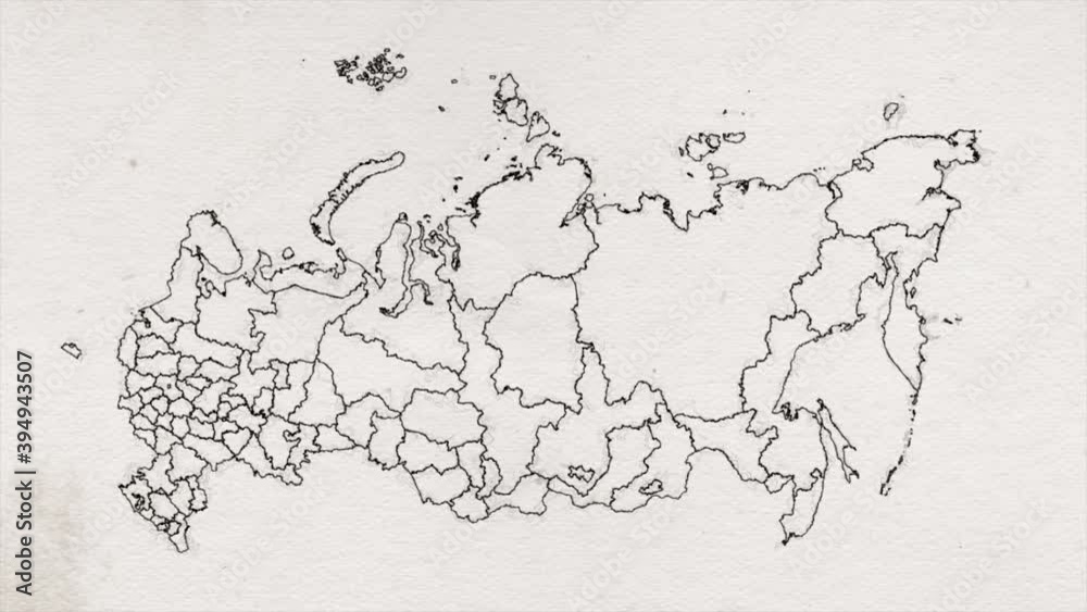 hand Drawn Russia Map History Intro With Regions/ 4k animated hand drawn russia old map intro background with countries on grain textured paper