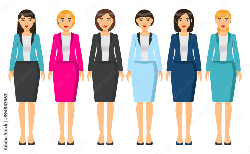 Cartoon characters. Woman brunette with short haircut wearing different clothes. Girl in business look. Businesslady wear business dress, skirt and blouse, office suit with jacket. Set of clothes Cartoon characters. Woman brunette with short haircut wearing different clothes. Girl in business look. Businesslady wear business dress, skirt and blouse, office suit with jacket. Set of clothes