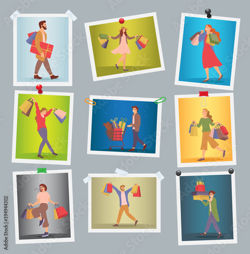 Set of photos on the theme of holiday shopping and photographing. Happy people buy gifts. The group with packages with purchases in their hands is posing. Buyers pictures are hanging on the wall