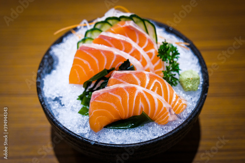 Close up Raw Salmon slice or Salmon Sashimi. Japanese food