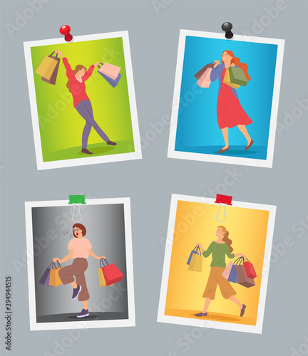 Set of illustrations on the theme of the holiday shopping and buying gifts. Happy women buy presents. Girls with packages with purchases in their hands. Buyers pictures are hanging on the wall