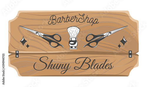 Barbershop wooden plate, nameplate, board, shaving brush and scissors, decorative elements, shiny blades, using for signboard above entrance of barbershop, vintage lettering text, isolated at white