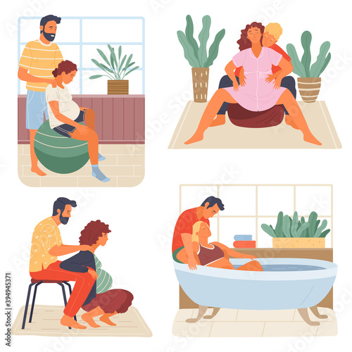 Birth positions for pregnant woman, young man support female during birth pains, help methods for painless childbirth labor, on fitness ball, at chair, squating, taking warm bath, husband help wife
