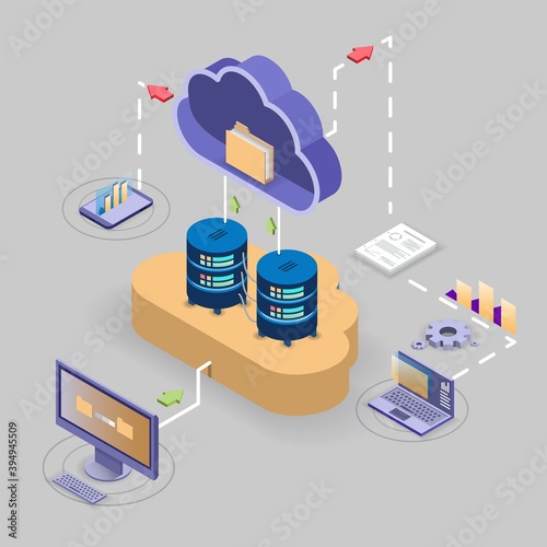Cloud storage technology flowchart, isometric vector illustration. Computer data storage. Cloud synchronization services.