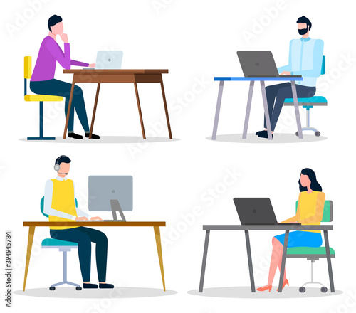 Workplace, working with laptops, set of businesspeople working with computers sitting at table, office worker user of internet, man with headset, microphone, employees men and woman, managers