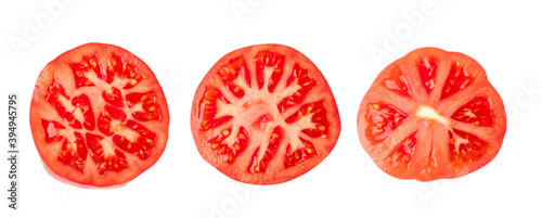 Sliced tomatoes isolated top view and flat lay