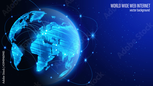 Vector. Map of the planet. Blue futuristic background. Satellites and rockets in orbit of planet Earth. World map. Social network. Global World Wide Web internet and technology.