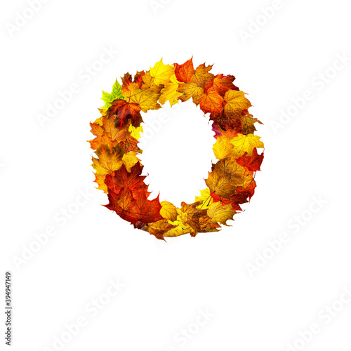 Colorful autumn leaves isolated on white background as letter O.